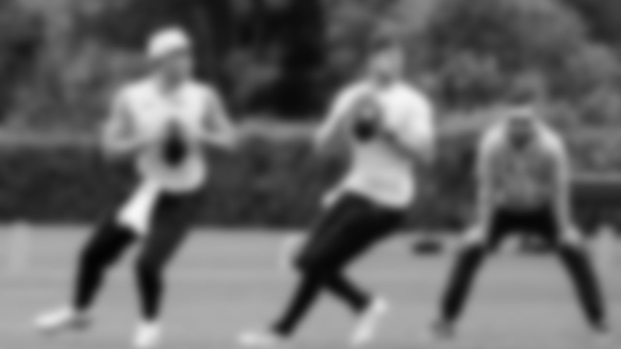 Seahawks quarterback Drew Lock (2) and quarterback Sam Darnold (14) participated in a workout on May 14, 2025 at the Virginia Mason Athletic Center.