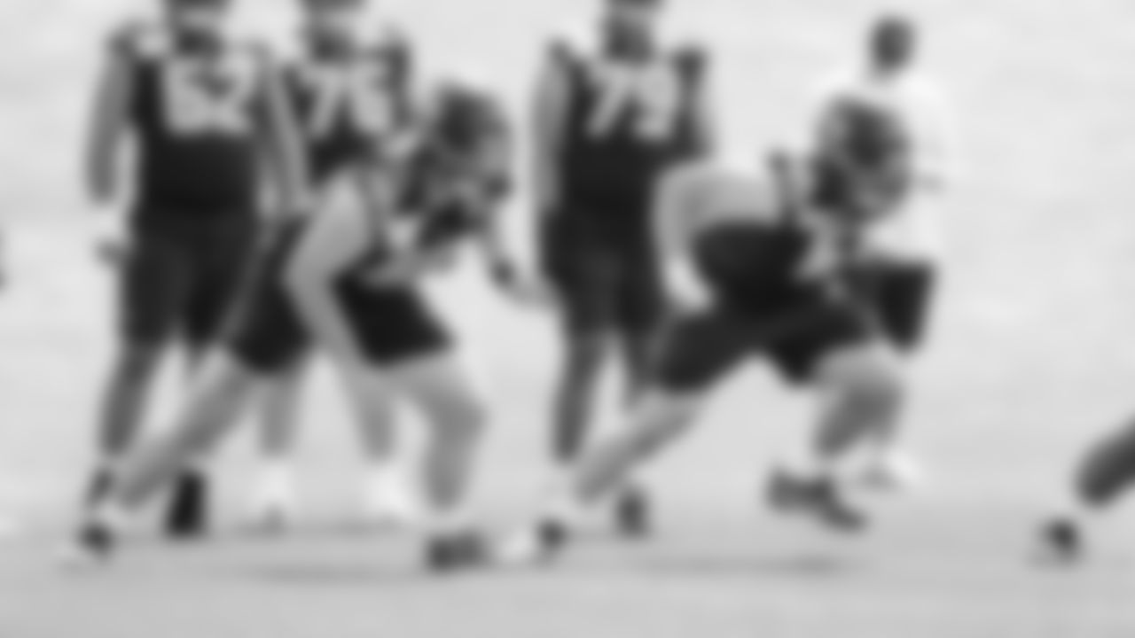 Center Tyler Elsbury (65) and center/guard Marcus Wehr (61) practiced on day one of rookie minicamp on May 2, 2025 at the Virginia Mason Athletic Center.