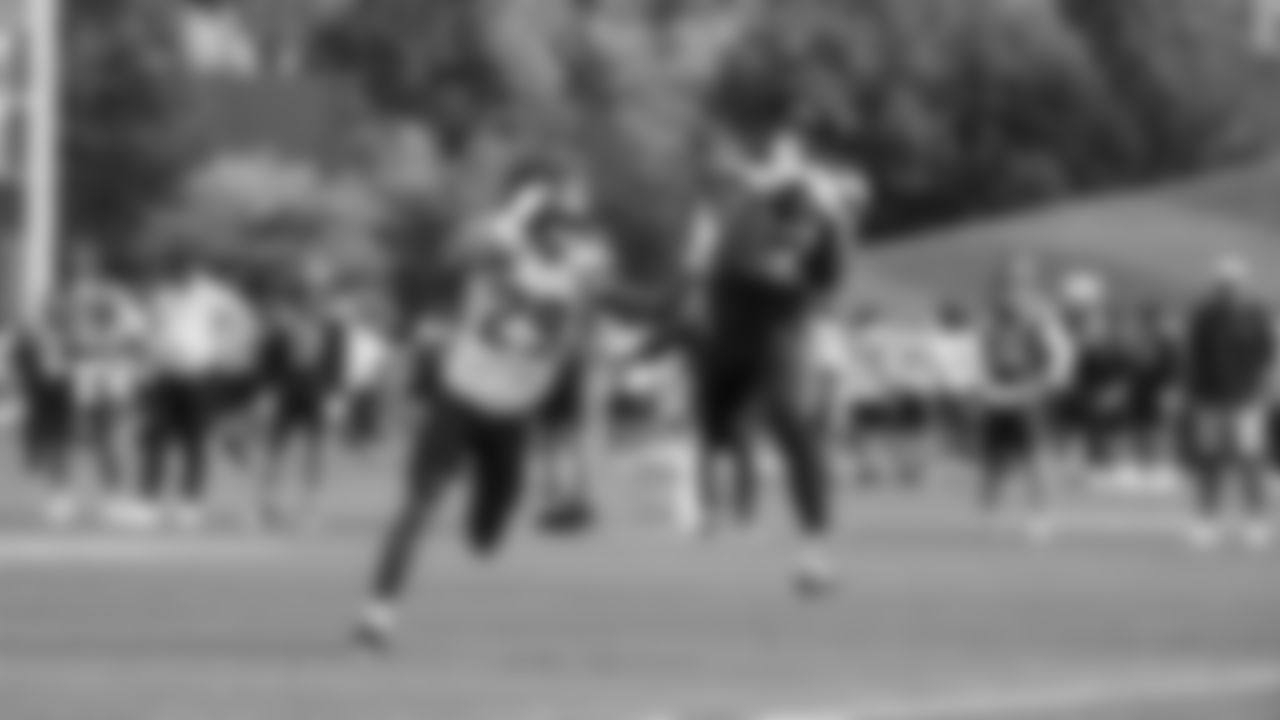 Seahawks cornerback Josh Jobe (29) and wide receiver Cody White (82) practiced on Thursday, October 16, 2025 at the Virginia Mason Athletic Center.