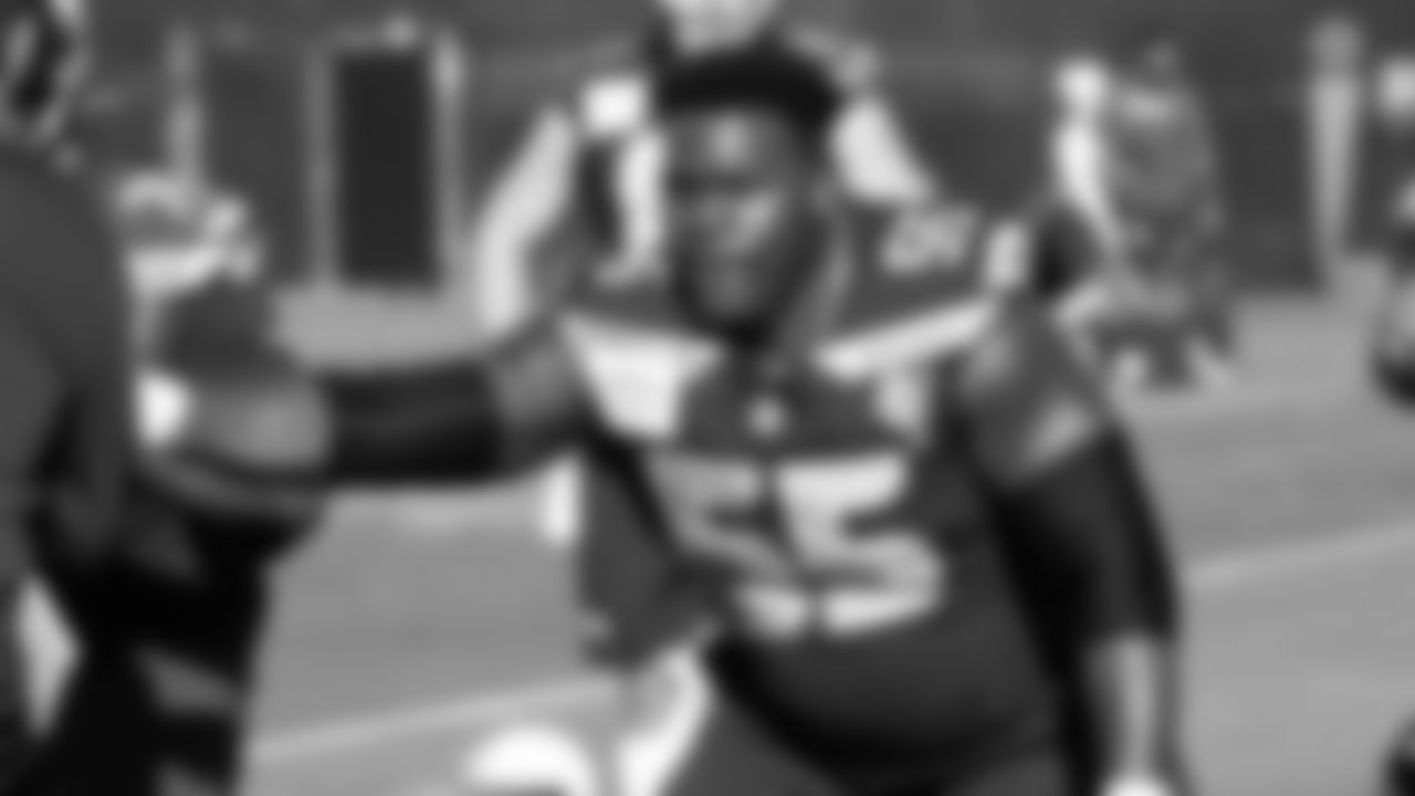 Seahawks center Olu Oluwatimi (55) practiced on February 5, 2026 in San Jose, California.