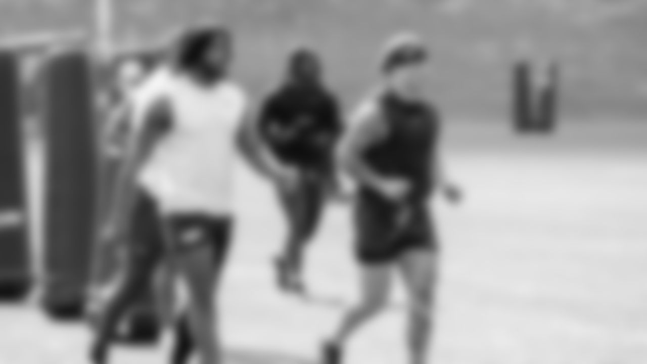 Seahawks linebacker Tyrice Knight (48) and linebacker Drake Thomas (42) participated in a workout on May 8, 2025 at the Virginia Mason Athletic Center.