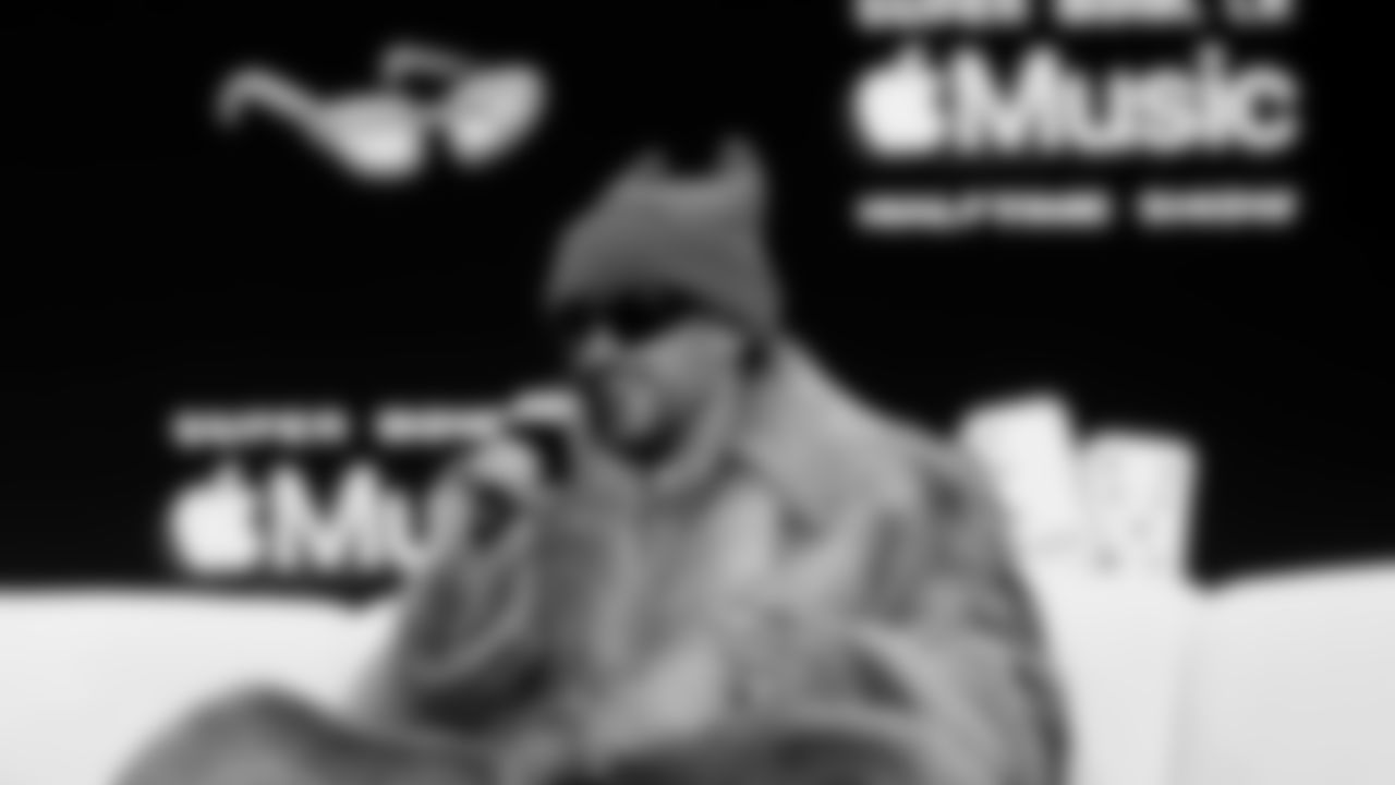 Halftime performer Bad Bunny answers questions at the Apple Music Halftime Show press conference ahead of the Super Bowl 60 football game on Thursday, February 5, 2026 in San Francisco. (Kathryn Riley/NFL)