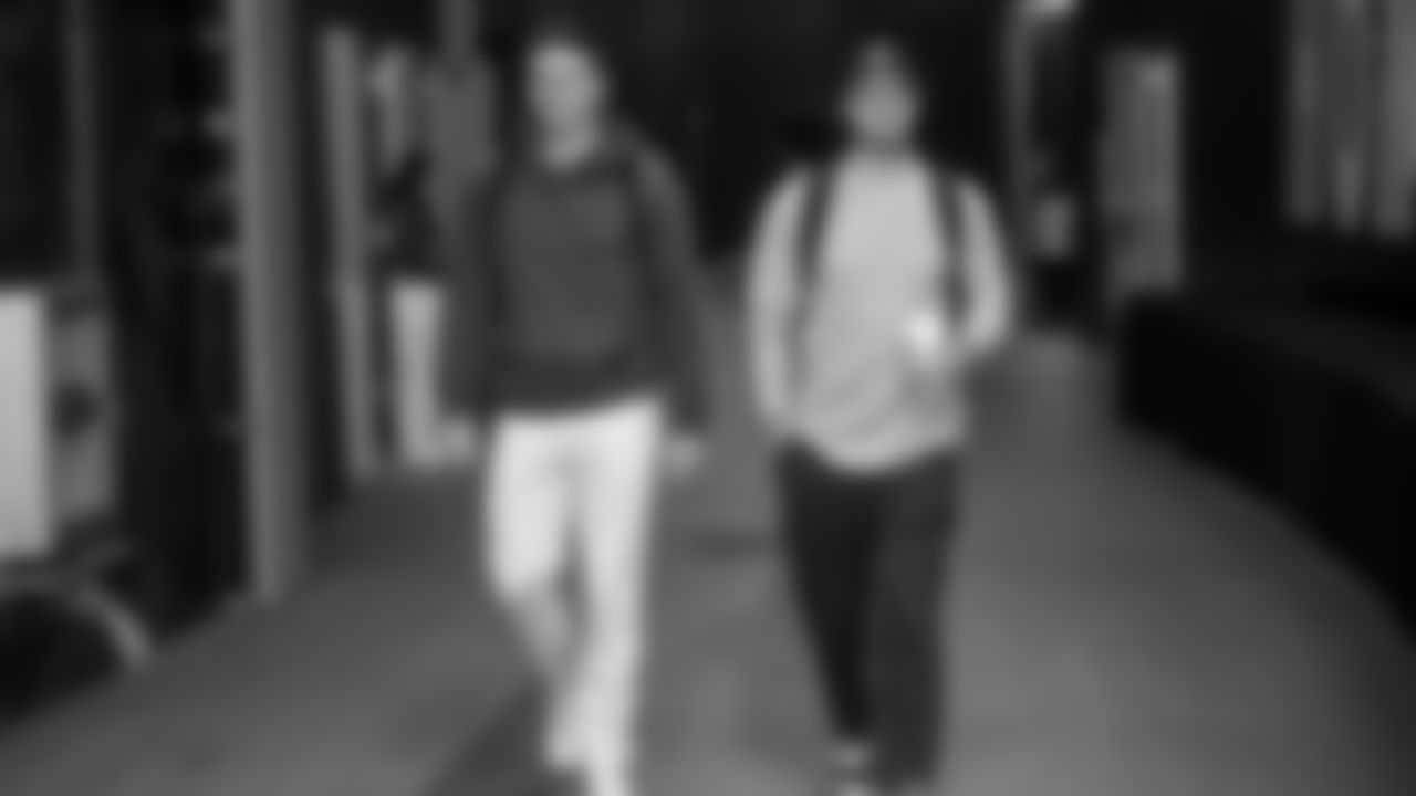 Seahawks quarterback Drew Lock (2) and quarterback Sam Darnold (14) arrived at Lumen Field for the Week 13 matchup vs. the Minnesota Vikings.