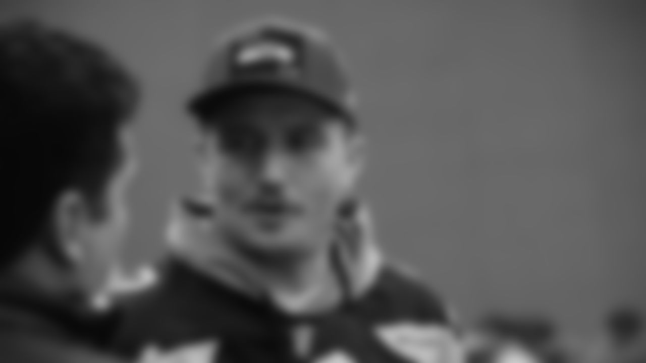 Seahawks quarterback Drew Lock (2) at day three of press conference media availability on February 5, 2026.