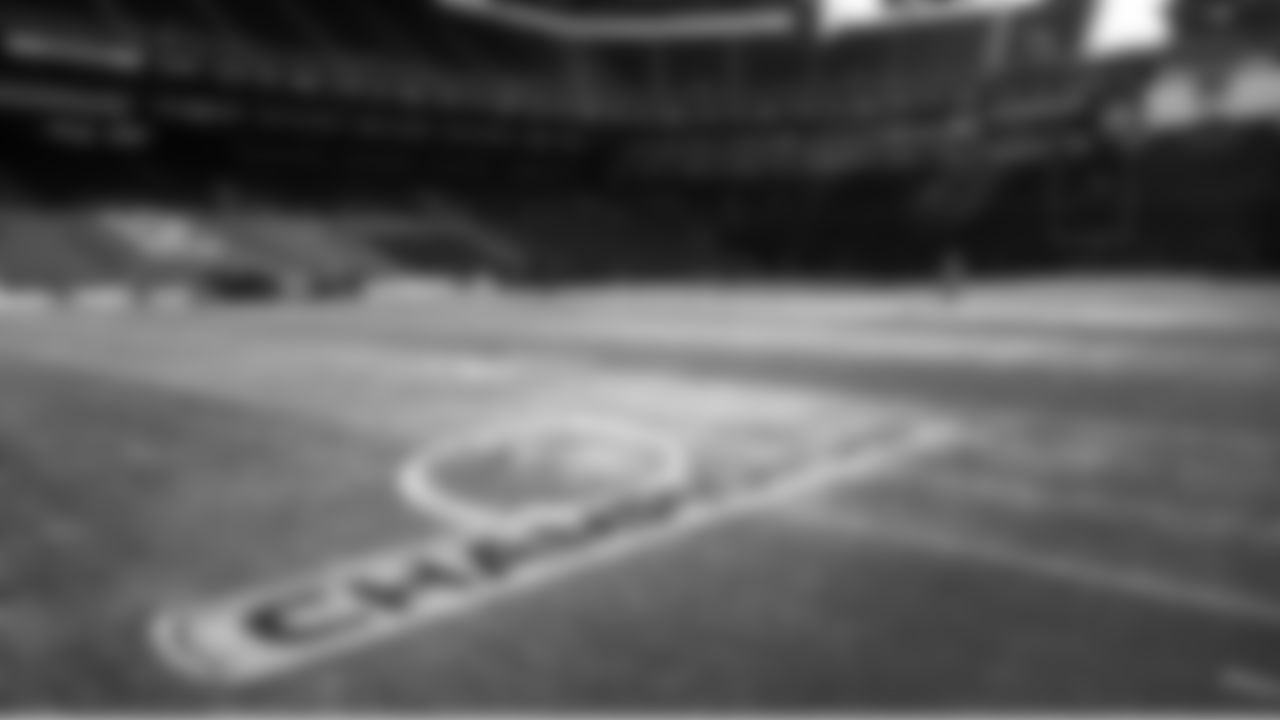 The logo for the NFC Championship game between the Seahawks and the Rams was painted on the turf at Lumen Field.