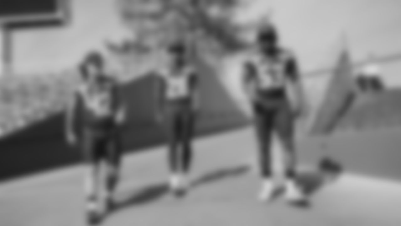 Seahawks linebacker Drake Thomas (42), cornerback Nehemiah Pritchett (28) and linebacker Boye Mafe (53) during the Super Bowl LX team photo on February 7, 2026.