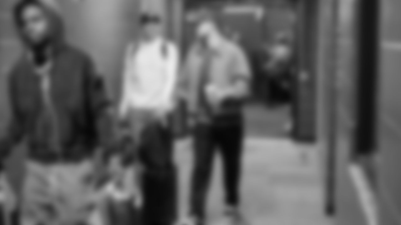 Seahawks quarterback Sam Darnold (14) arrived at Northwest Stadium for the Sunday Night Football matchup at the Washington Commanders in Week 9.