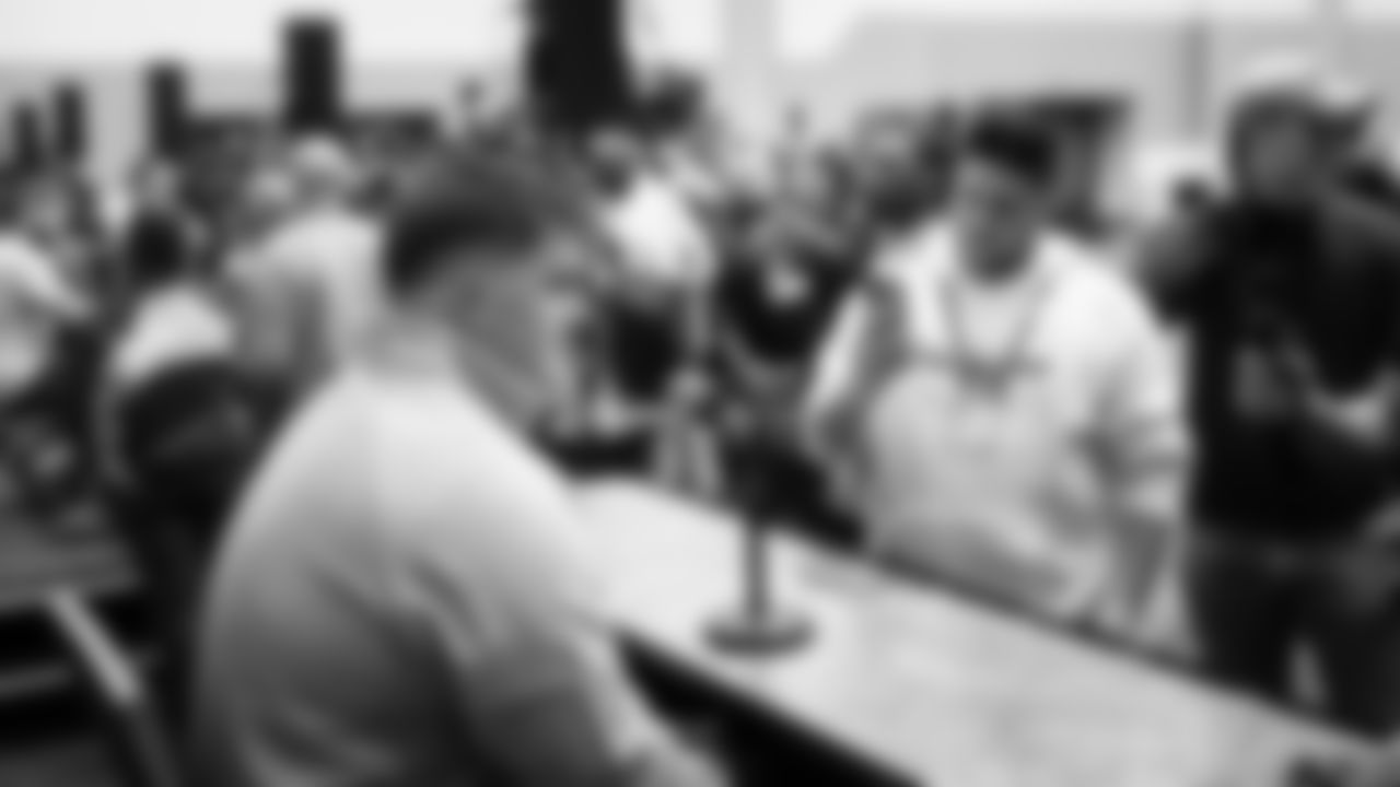 Seahawks guard Grey Zabel (76) at day one of press conference Media Availability on February 3, 2026.