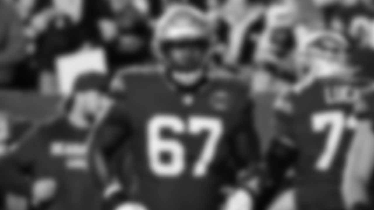 Seahawks tackle Charles Cross (67) warms up at Northwest Stadium for the Sunday Night Football matchup at the Washington Commanders in Week 9.