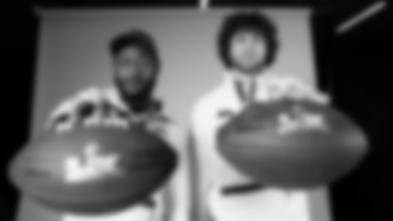 Seahawks linebacker Ernest Jones IV (13) and tight end AJ Barner (88) during Super Bowl LX Opening Night media day on February 2, 2026., 2026.