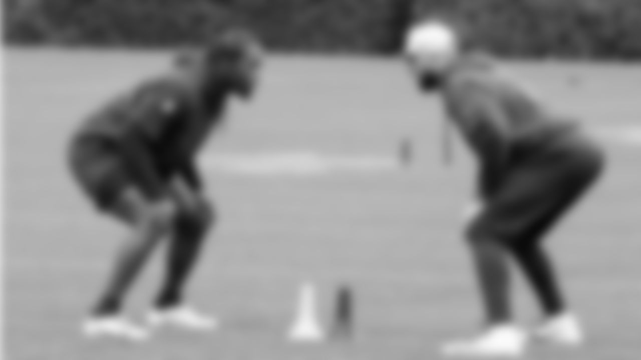 Seahawks linebacker Jamie Sheriff (44) and linebacker Patrick O'Connell (52) participated in a workout on May 13, 2025 at the Virginia Mason Athletic Center.