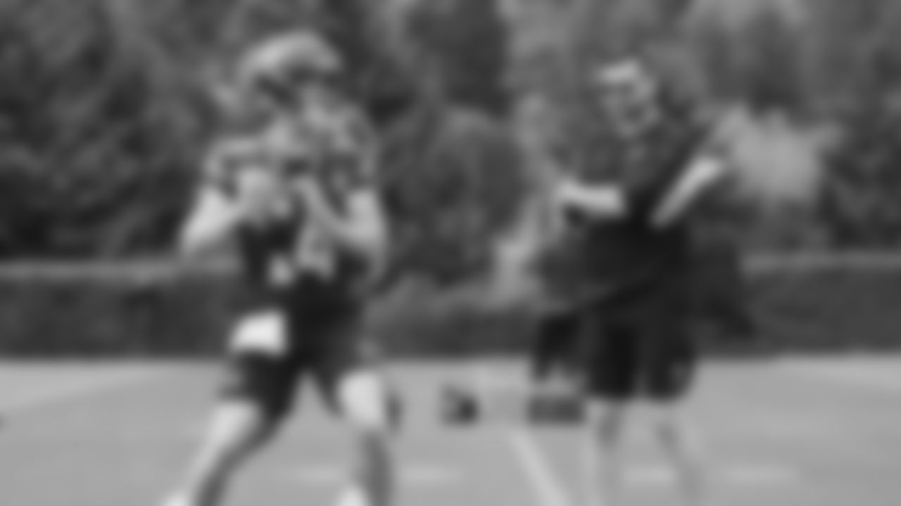 Seahawks quarterback Sam Darnold (14) practiced on day three of training camp on July 25, 2025 at the Virginia Mason Athletic Center.
