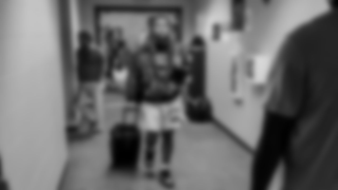 Seahawks running back Damien Martinez (22) arrives at Lambeau Field for the preseason Week 3 matchup vs. the Green Bay Packers.