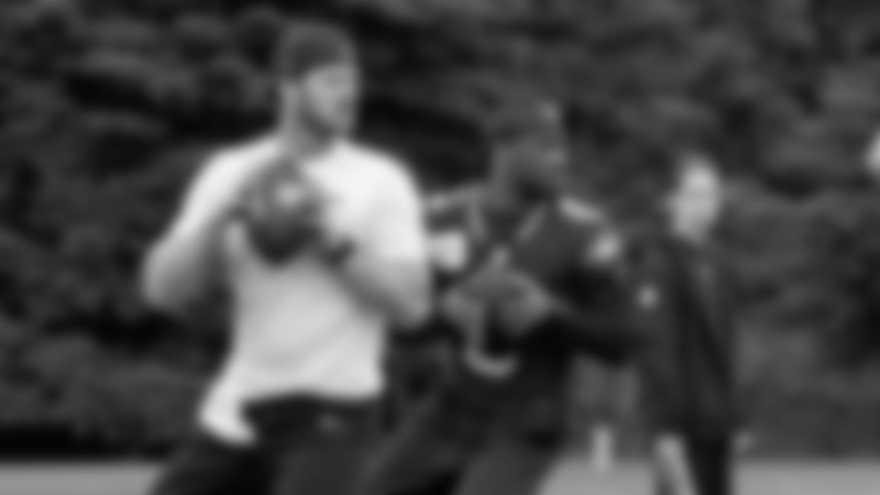 Seahawks quarterback Sam Darnold (14) and quarterback Jalen Milroe (6) participated in a workout on May 20, 2025 at the Virginia Mason Athletic Center.