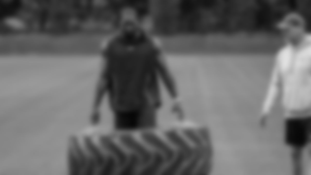 Seahawks defensive end DeMarcus Lawrence (0) participated in a workout on April 30, 2025 at the Virginia Mason Athletic Center.
