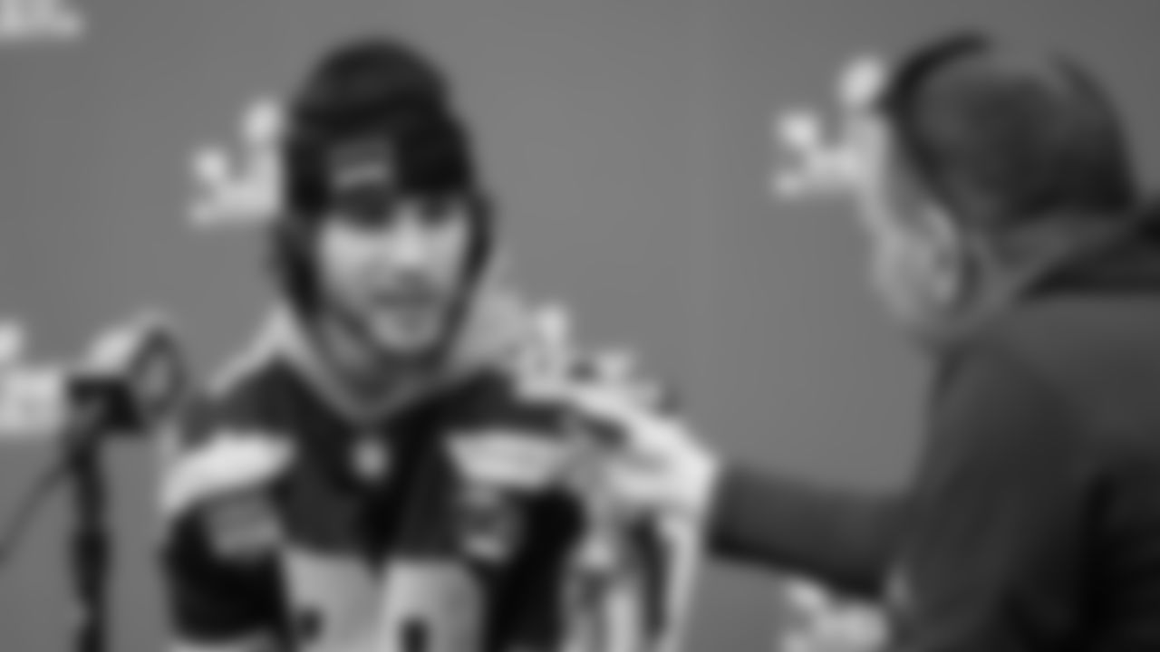 Seahawks tight end AJ Barner (88) at day two of press conference Media Availability on February 4, 2026.