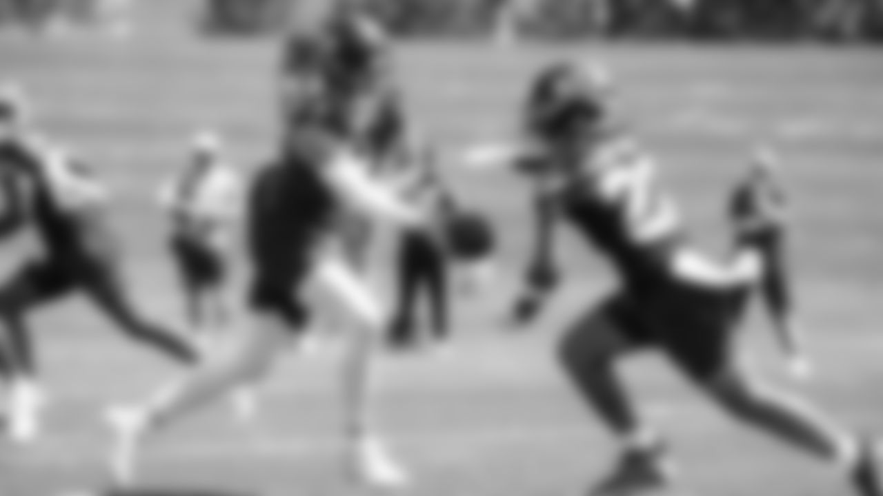 Seahawks quarterback Drew Lock (2) and running back Damien Martinez (22) participated in a workout on day four of OTAs on Monday, June 2, 2025 at the Virginia Mason Athletic Center.