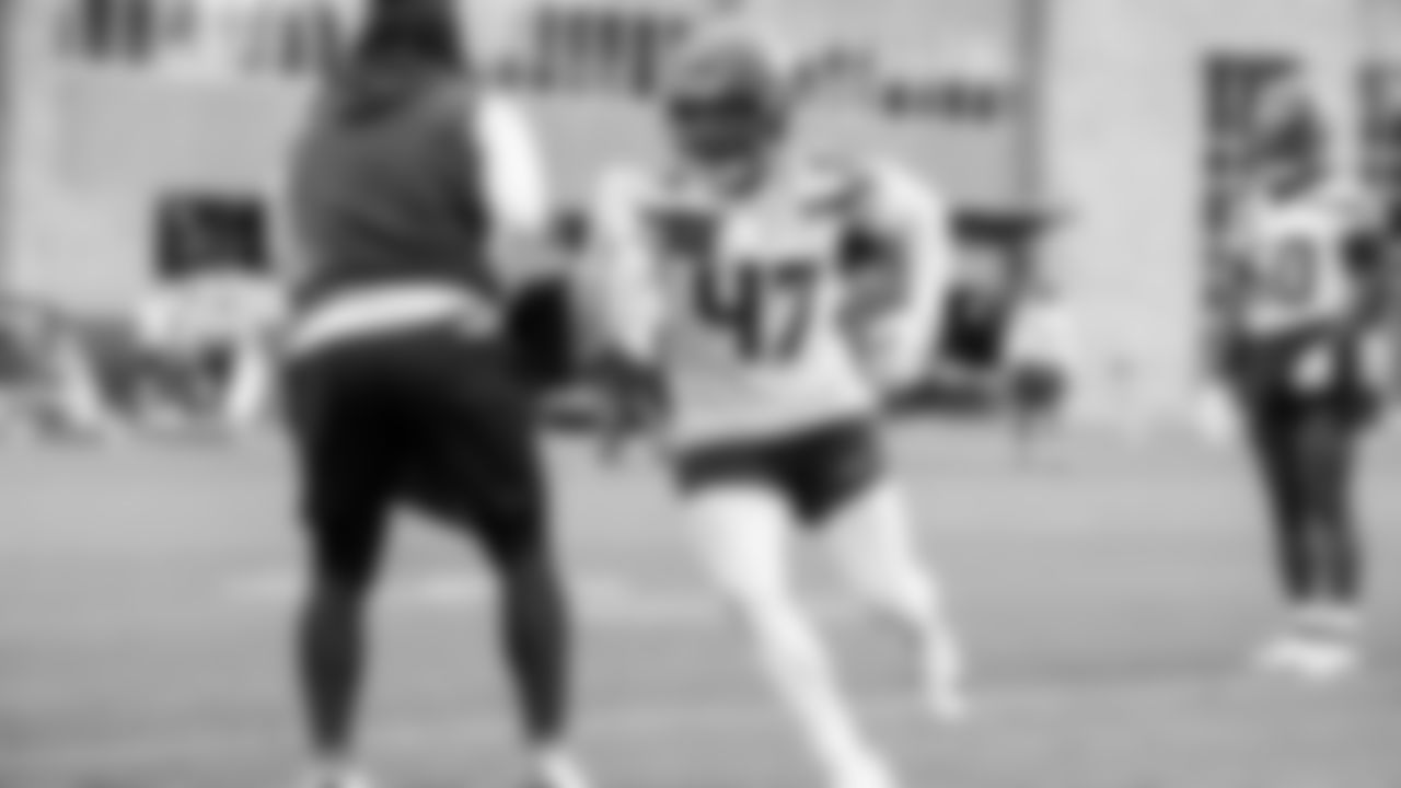 Seahawks linebacker Josh Ross (47) participated in a workout on day two of OTAs on Thursday, May 29, 2025 at the Virginia Mason Athletic Center.