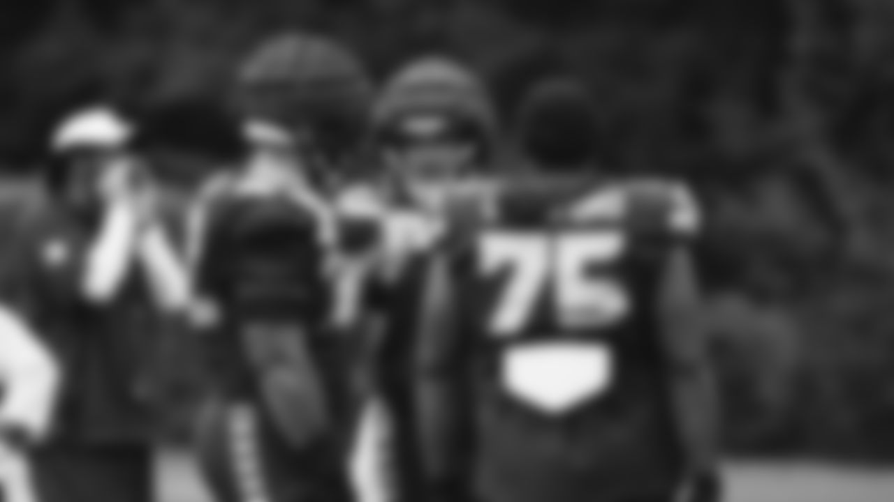 Seahawks guard Anthony Bradford (75), center Jalen Sundell (61) and tackle Abraham Lucas (72) practiced on August 4, 2025 at the Virginia Mason Athletic Center.