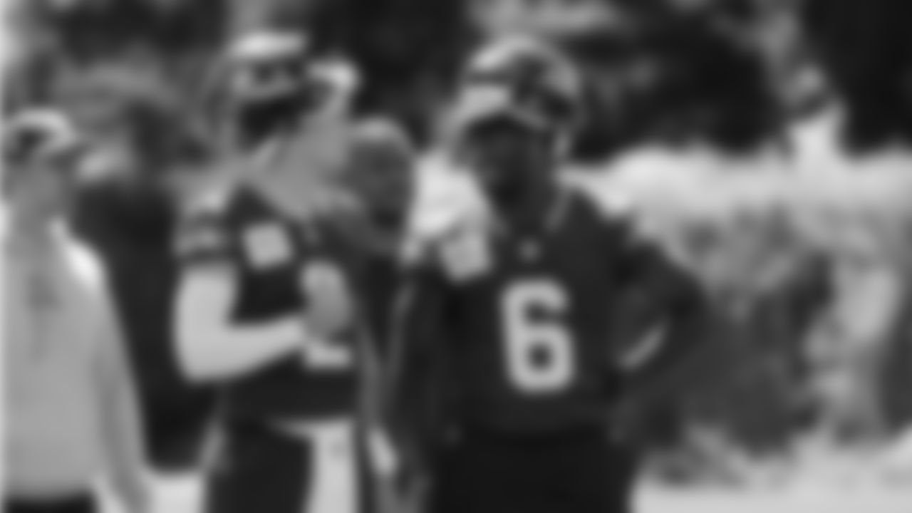 Seahawks quarterback Drew Lock (2) and quarterback Jalen Milroe (6) participated in a workout on day six of OTAs on Thursday, June 5, 2025 at the Virginia Mason Athletic Center.