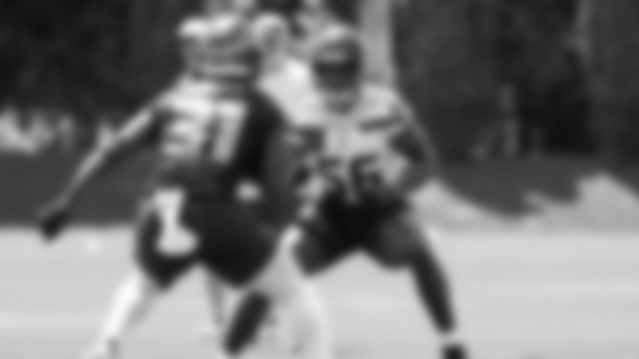 Seahawks linebacker Jalan Gaines (56) and running back Jacardia Wright (31) participated in a workout on day four of OTAs on Monday, June 2, 2025 at the Virginia Mason Athletic Center.