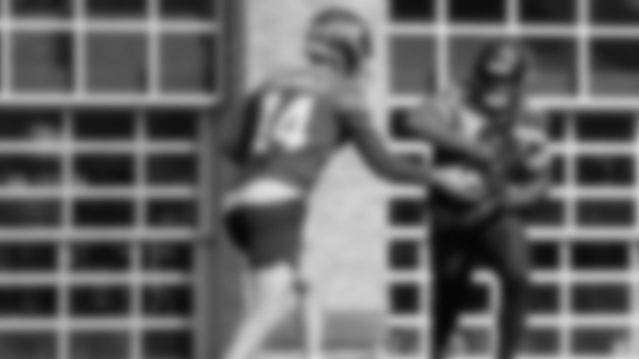 Seahawks quarterback Sam Darnold (14) and running back Kenneth Walker III (9) practiced on Friday, October 17, 2025 at the Virginia Mason Athletic Center.