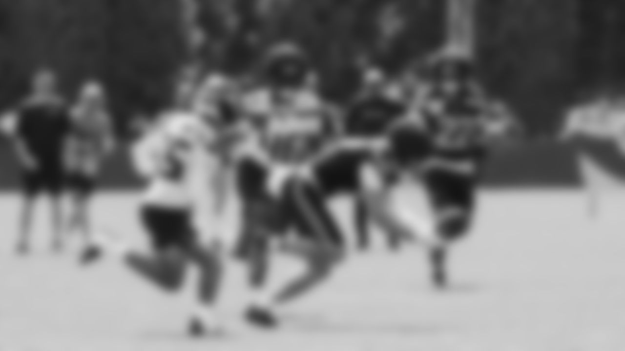 Seahawks wide receiver John Rhys Plumlee (17) practiced on day four of training camp on July 26, 2025 at the Virginia Mason Athletic Center.