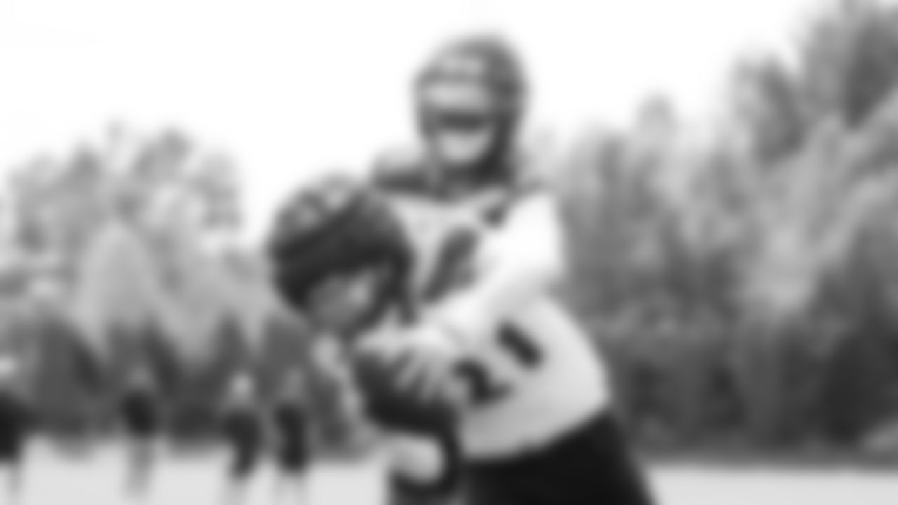 Seahawks wide receiver Marquez Valdes-Scantling (1) and cornerback Devon Witherspoon (21) practiced on August 1, 2025 at the Virginia Mason Athletic Center.