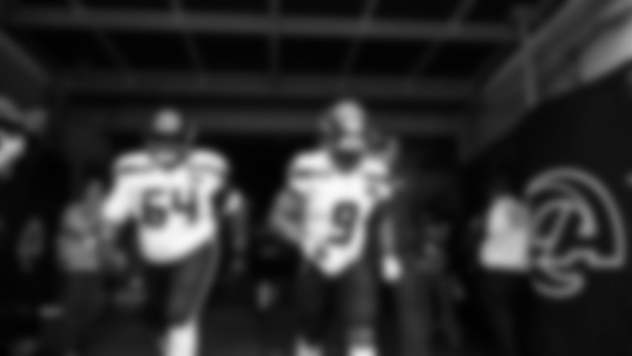 Seahawks guard Christian Haynes (64) and running back Kenneth Walker III (9) during pregame warmups at SoFi Stadium for the Week 11 matchup at the L.A. Rams.