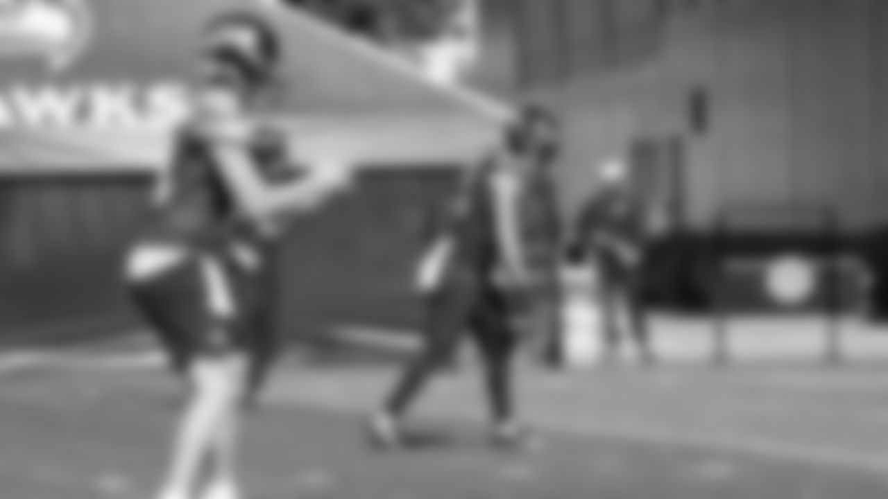 Seahawks quarterback Sam Darnold (14) and wide receiver Cooper Kupp (10) practiced on Thursday, September 18, 2025 at the Virginia Mason Athletic Center.