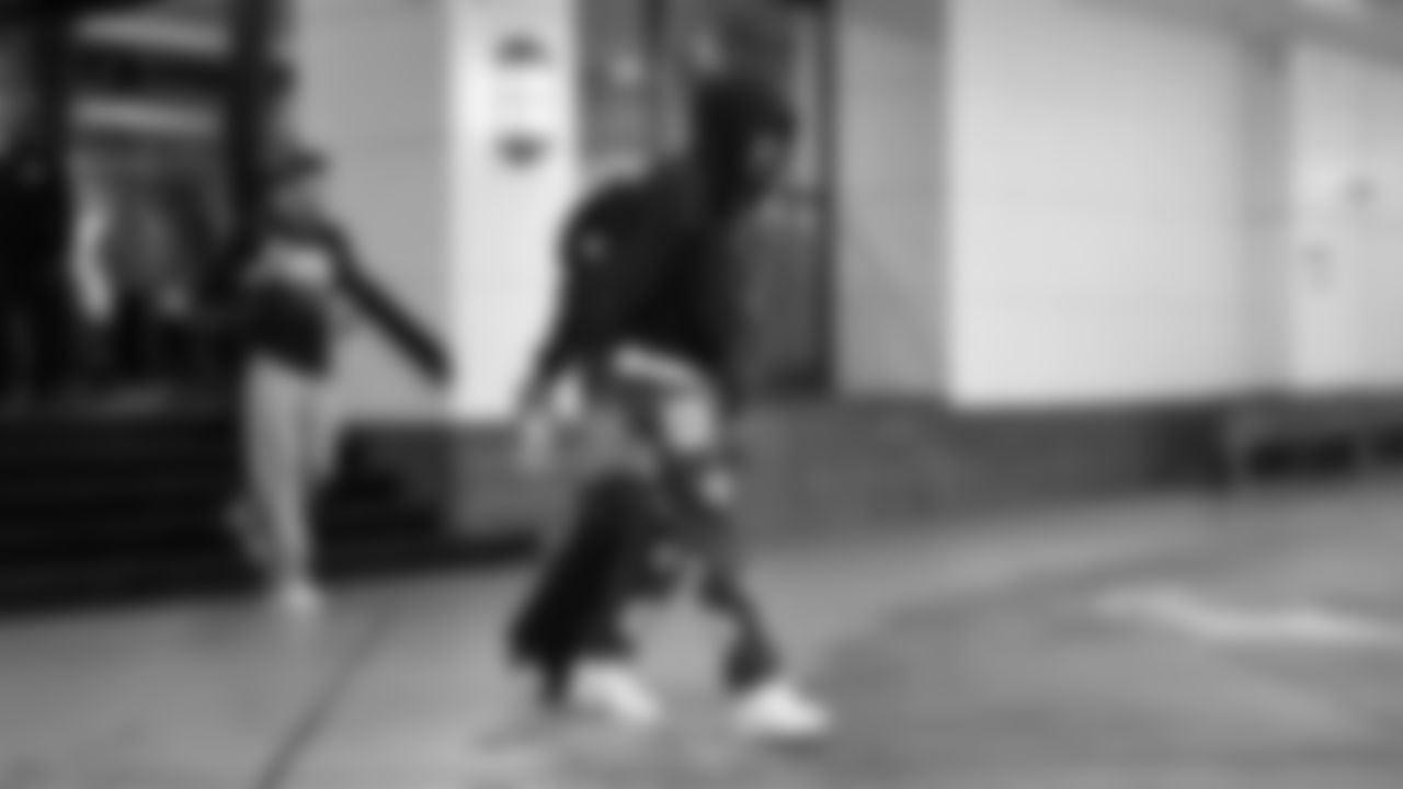 Seahawks wide receiver Rashid Shaheed (22) departed the team hotel for the Week 14 matchup vs. the Atlanta Falcons.