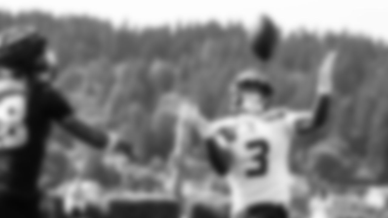 Seahawks tight end Elijah Arroyo (18) and safety Nick Emmanwori (3) practiced on August 1, 2025 at the Virginia Mason Athletic Center.