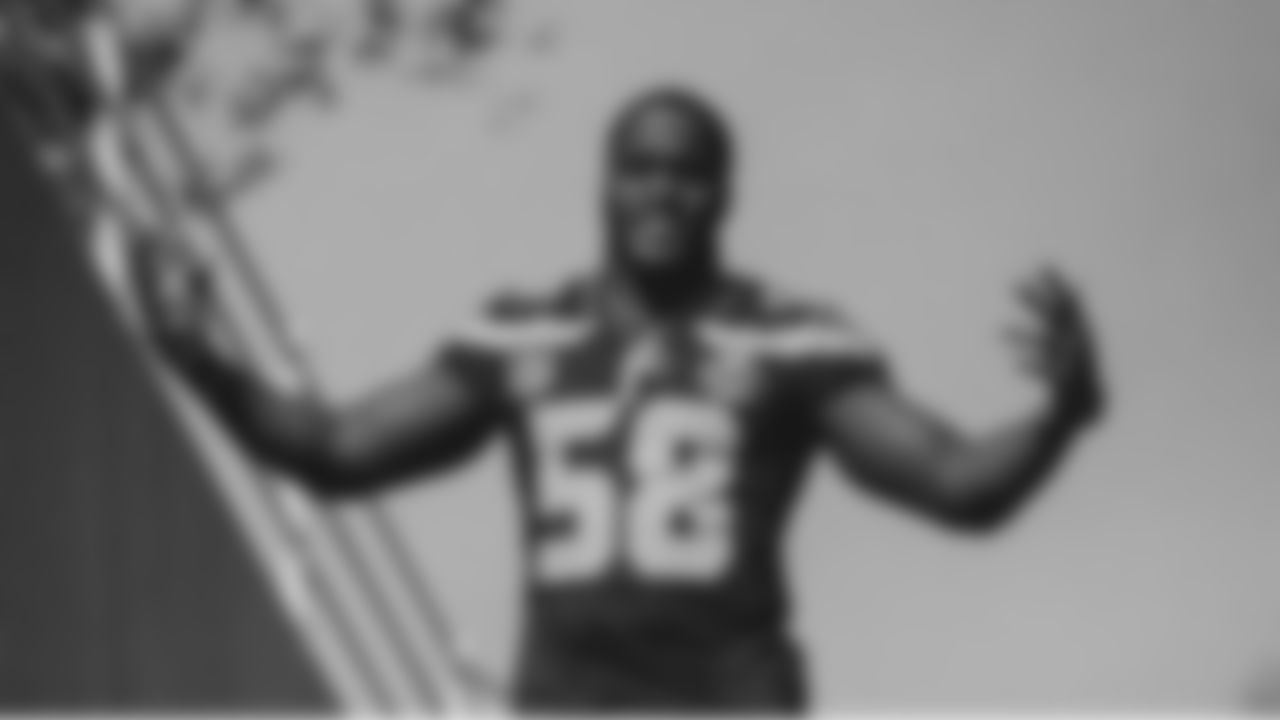 Seahawks linebacker Derick Hall (58) during the Super Bowl LX team photo on February 7, 2026.