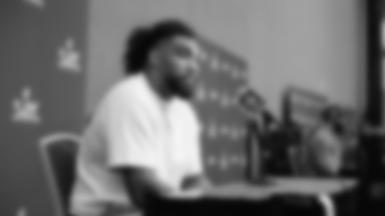 Seahawks defensive end Leonard Williams (99) at day one of press conference Media Availability on February 3, 2026.