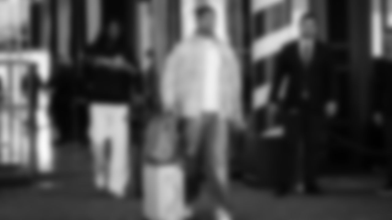 Seahawks tight end Elijah Arroyo (18) departed the team hotel for the Week 12 matchup vs. the Titans at Nissan Stadium in Nashville, Tennessee.