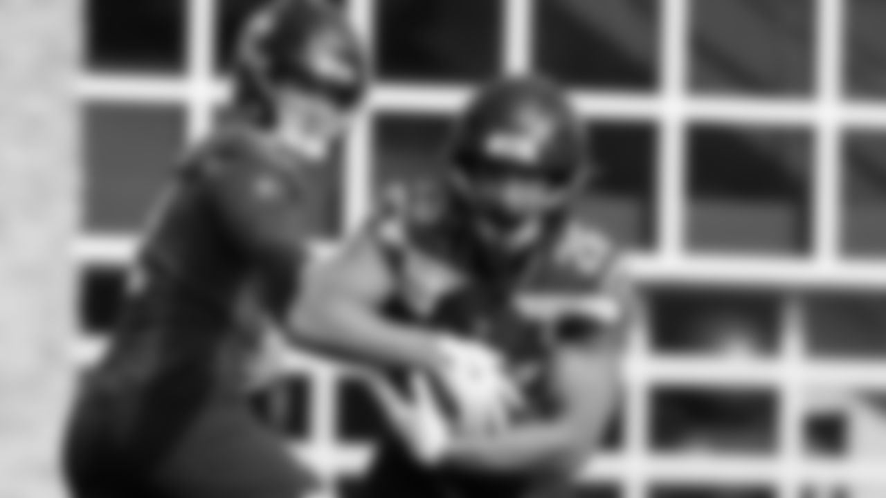Seahawks quarterback Drew Lock (2) and running back Zach Charbonnet (26) practiced on Friday, October 17, 2025 at the Virginia Mason Athletic Center.
