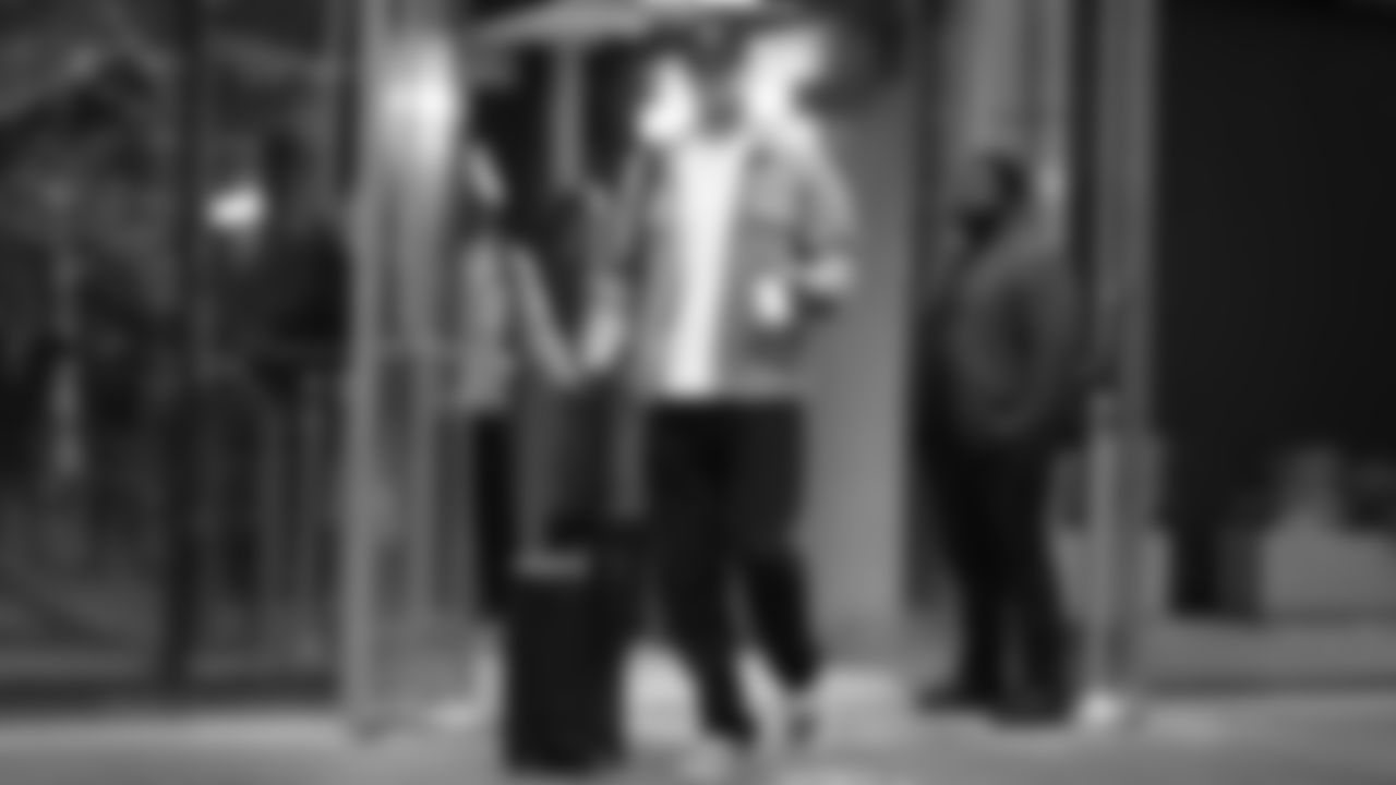 Seahawks quarterback Sam Darnold (14) departed the team hotel for the Week 17 matchup vs. Panthers on December 28, 2025.