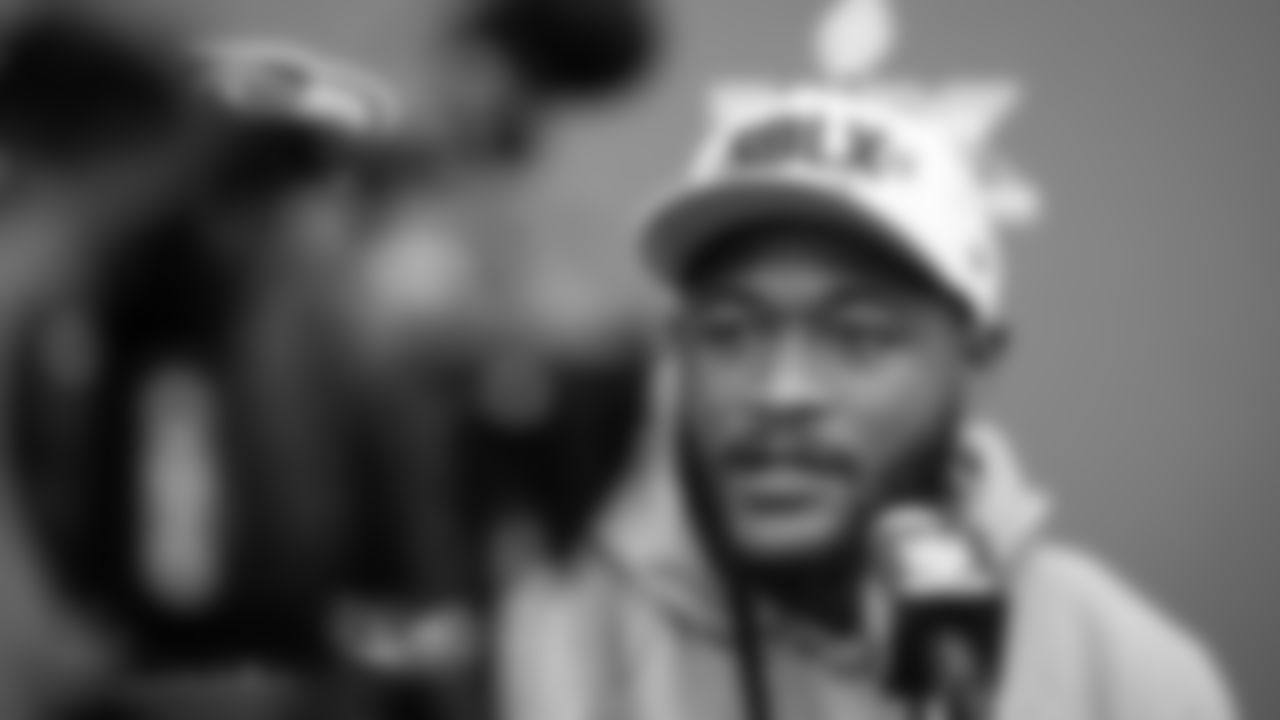 Seahawks linebacker Ernest Jones IV (13) at day one of press conference Media Availability on February 3, 2026.