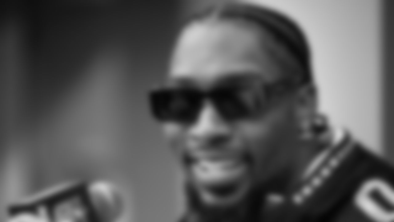 Seahawks defensive end DeMarcus Lawrence (0) at day three of press conference media availability on February 5, 2026.