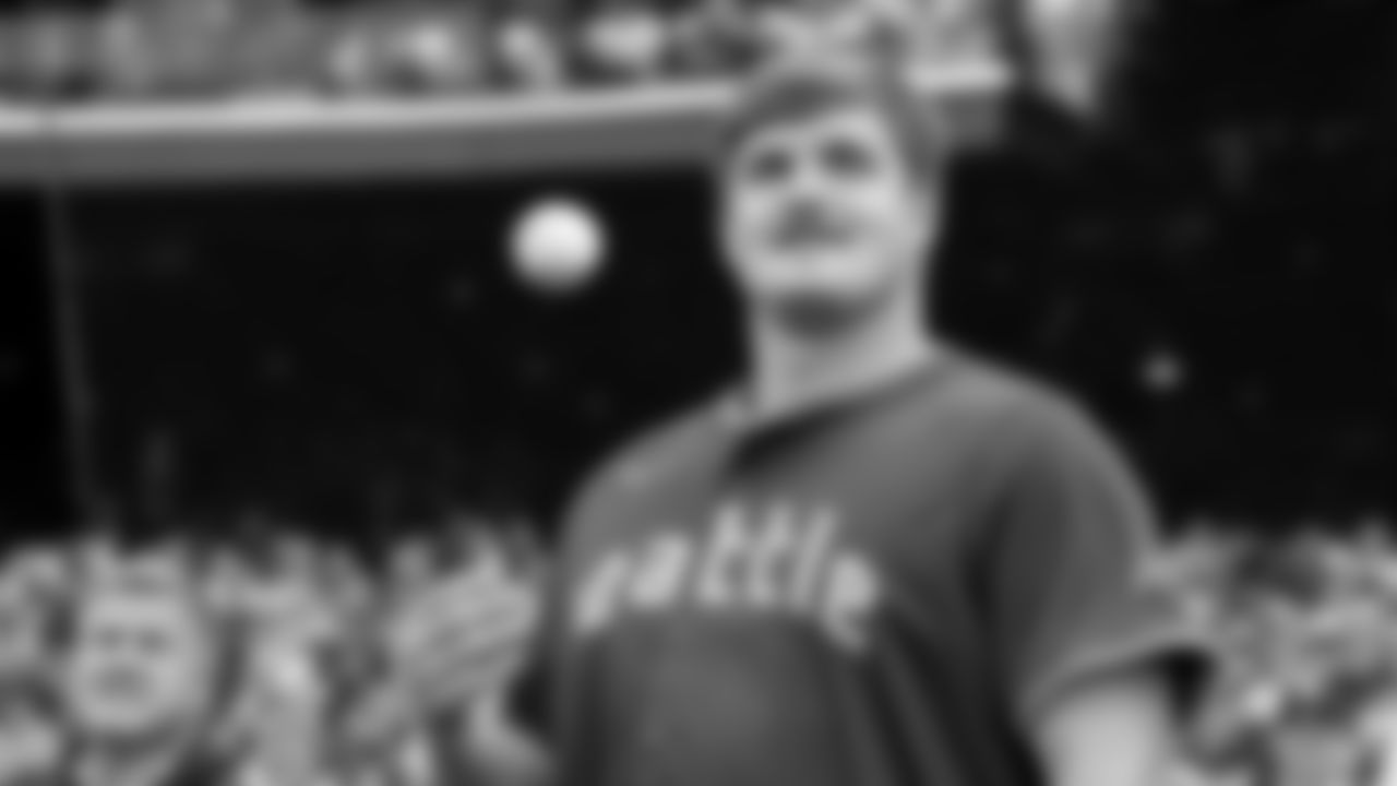 Seahawks guard Grey Zabel (76) threw the ceremonial first pitch for the Mariners vs. Twins game on Friday, May 30, 2025 at T-Mobile Park.
