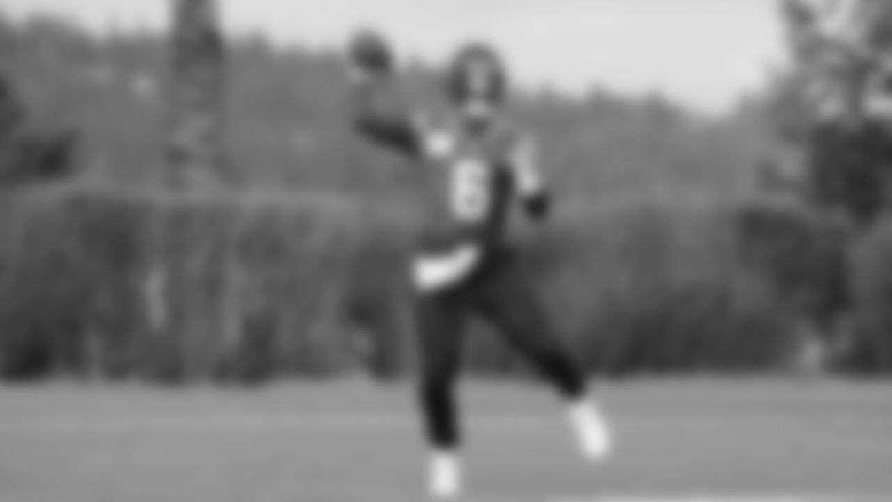 Seahawks quarterback Jalen Milroe (6) practiced on Wednesday, January 14, 2026 at the Virginia Mason Athletic Center.