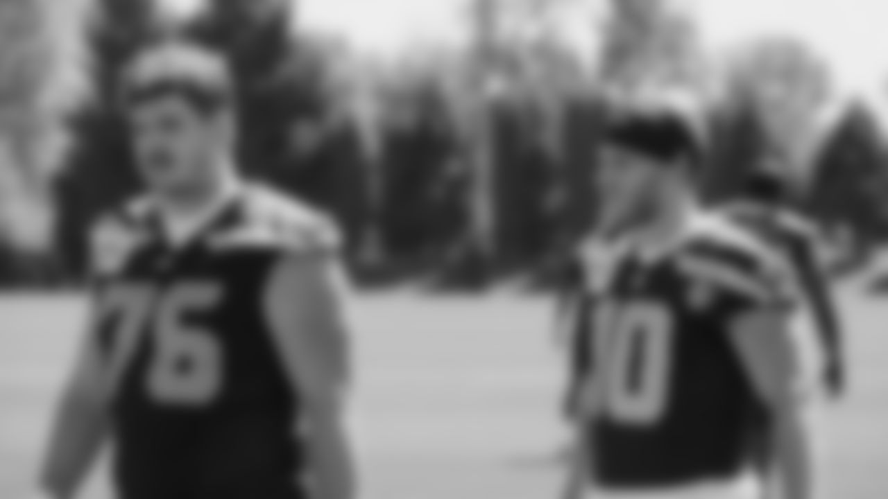 Seahawks guard Grey Zabel (76) and wide receiver Cooper Kupp (10) practiced on day two of training camp on July 24, 2025 at the Virginia Mason Athletic Center.