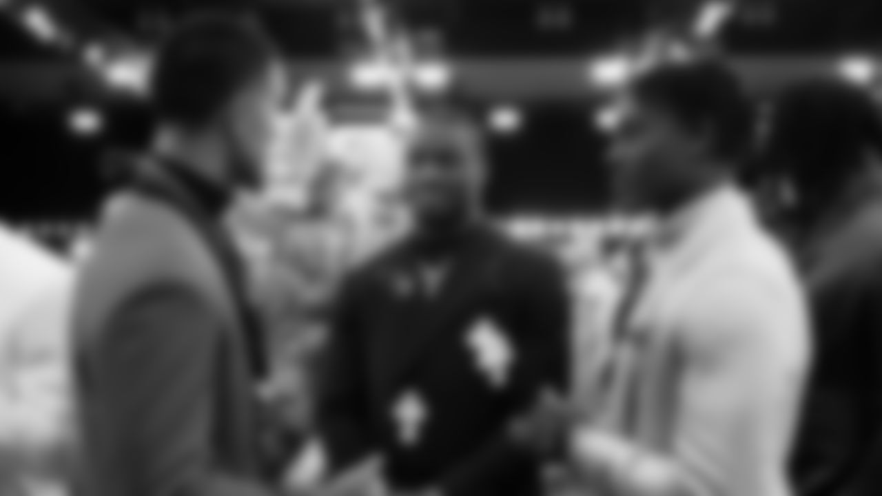 Arizona wide receiver Tetairoa McMillan, Alabama quarterback Jalen Milroe, and Georgia defensive back Malaki Starks talk in the green room prior to the 2025 NFL Draft on Thursday, April 24, 2025 in Green Bay, Wisconsin. (Lauren Leigh Bacho/NFL)