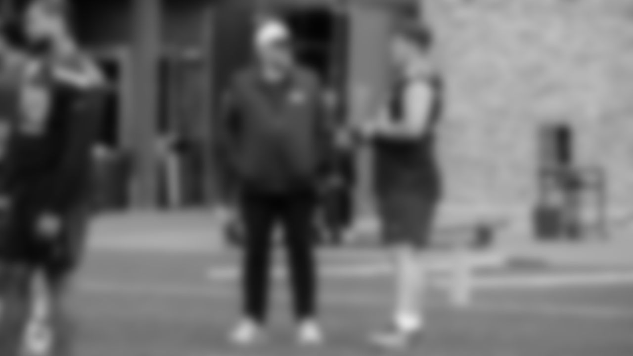 Seahawks guard Grey Zabel (76) with offensive line coach John Benton during a workout on May 12, 2025 at the Virginia Mason Athletic Center.