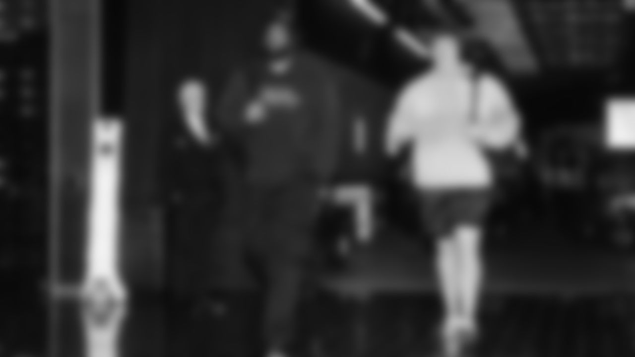 Seahawks tackle Josh Jones (74) and guard Grey Zabel (76) departed the team hotel for the Week 18 matchup vs. the 49ers at Levi's Stadium.