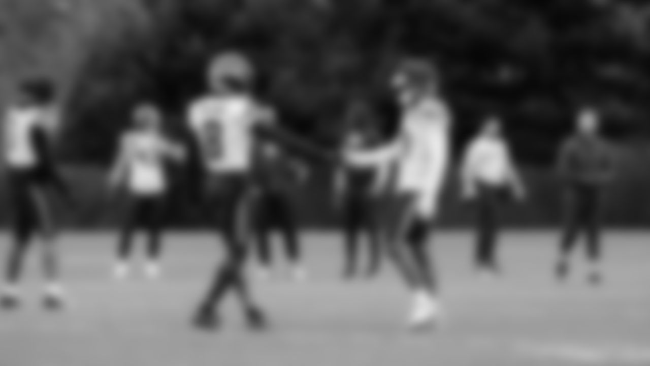 Seahawks safety Coby Bryant (8) and cornerback Devon Witherspoon (21) practiced on Tuesday, January 13, 2026 at the Virginia Mason Athletic Center.