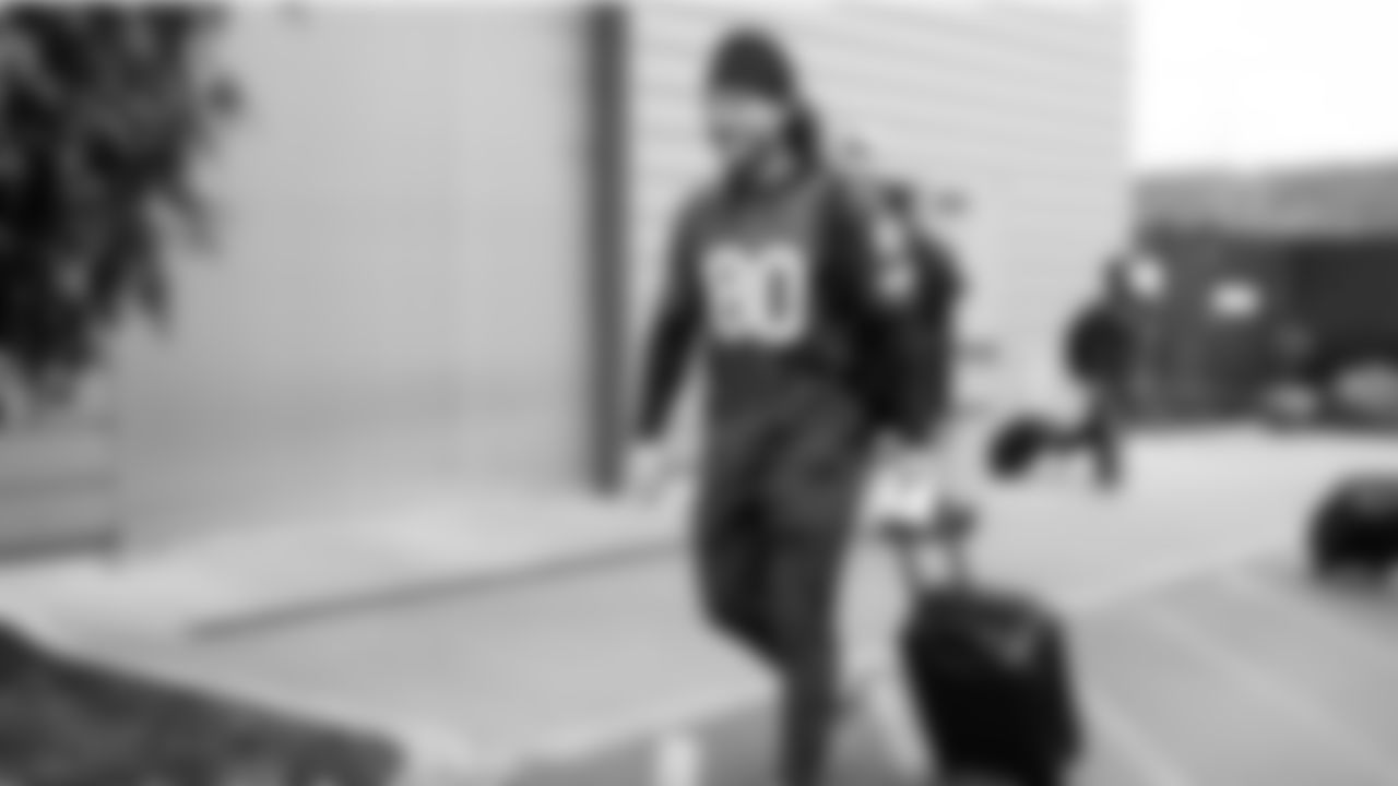 Seahawks linebacker Drake Thomas (42) departed the Virginia Mason Athletic Center for the Week 12 trip to Nashville, Tennessee on Friday, November 21, 2025.