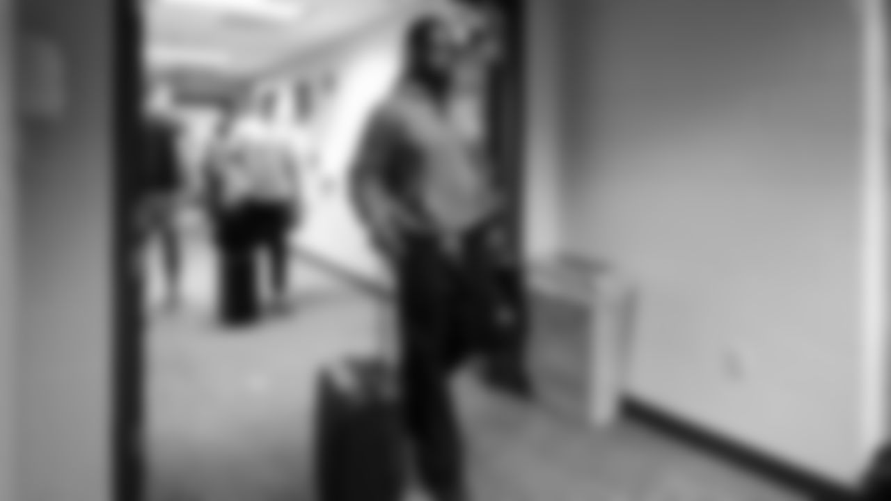 Seahawks linebacker Jamie Sheriff (50) arrives at Lambeau Field for the preseason Week 3 matchup vs. the Green Bay Packers.