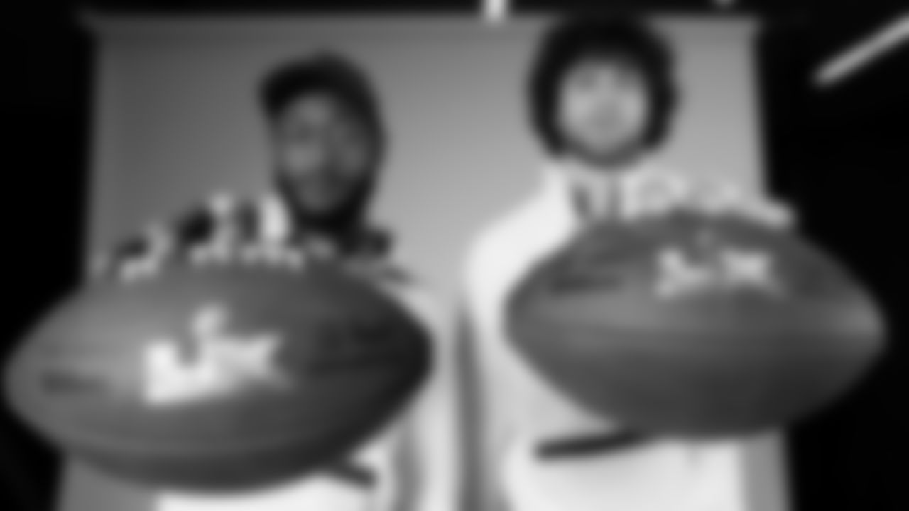 Seahawks linebacker Ernest Jones IV (13) and tight end AJ Barner (88) during Super Bowl LX Opening Night media day on February 2, 2026.