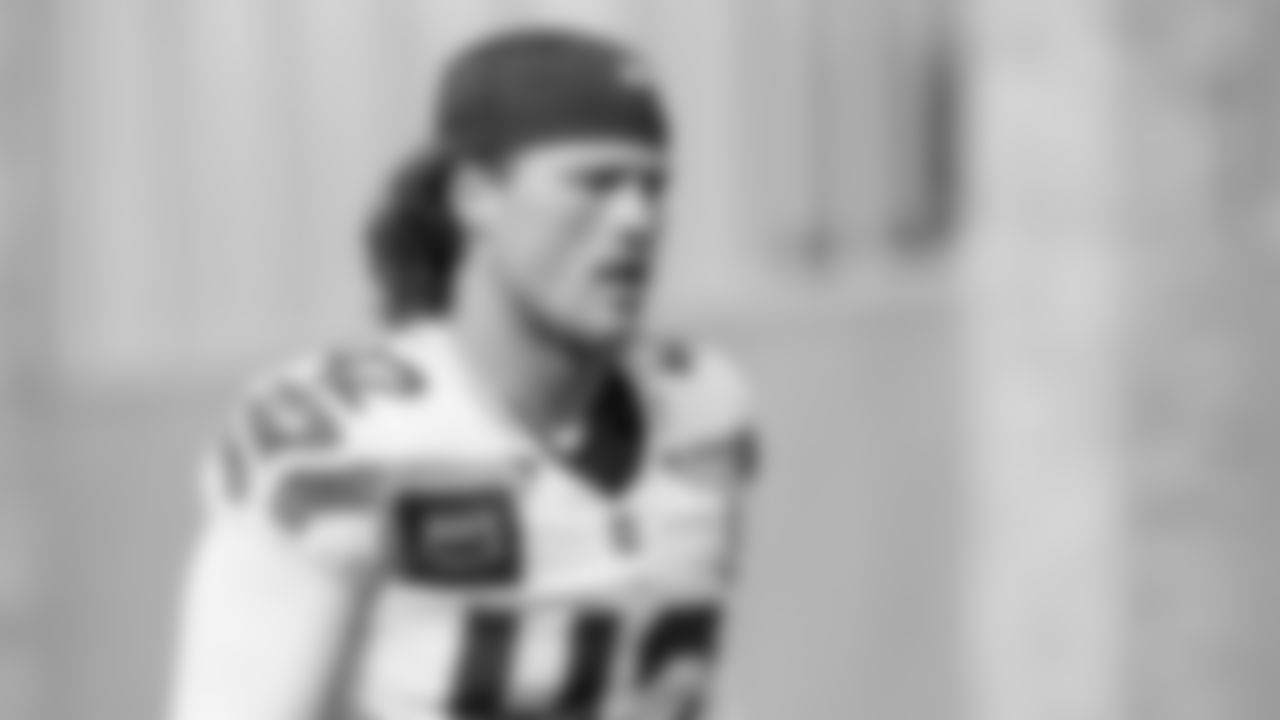 Seahawks linebacker Drake Thomas (42) practiced on Friday, October 17, 2025 at the Virginia Mason Athletic Center.